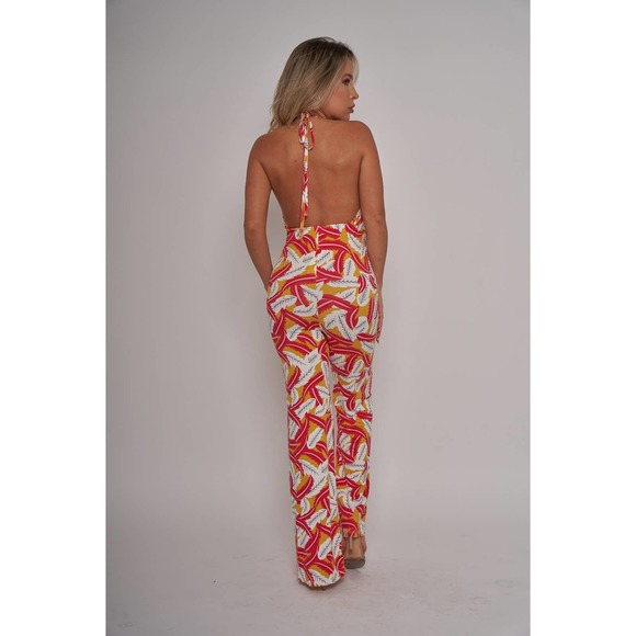 NWT Red Tropical Print Halter V Neck Jumpsuit - Medium - Picture 7 of 7